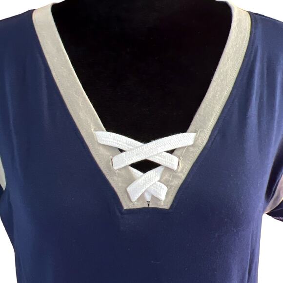 LAT Ladies Game Day Lace-Up Short Sleeve Tee Shirt Sze Large Blue Titanium White - Picture 3 of 11